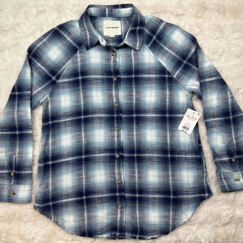 NWT Lucky Brand Frayed Plaid Flannel Shirt Blue Ombre Gradient XS